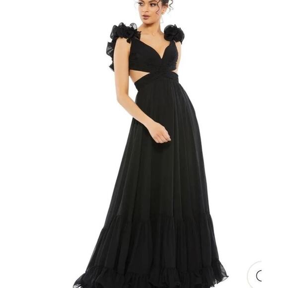 MAC DUGGAL Ieena Black Chiffon Lace Up Back Cut Out Middle Gown Dress Size 6 - Picture 3 of 16